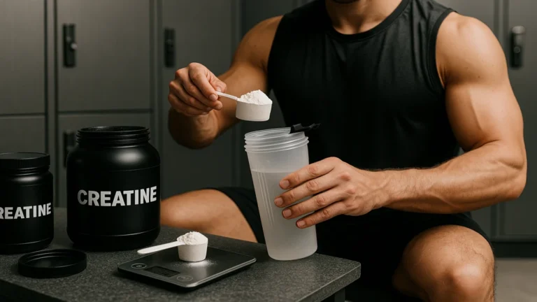 Sportif préparant un shaker de créatine dans un vestiaire de musculation, illustrant la question d’un dosage élevé à 10 g par jour