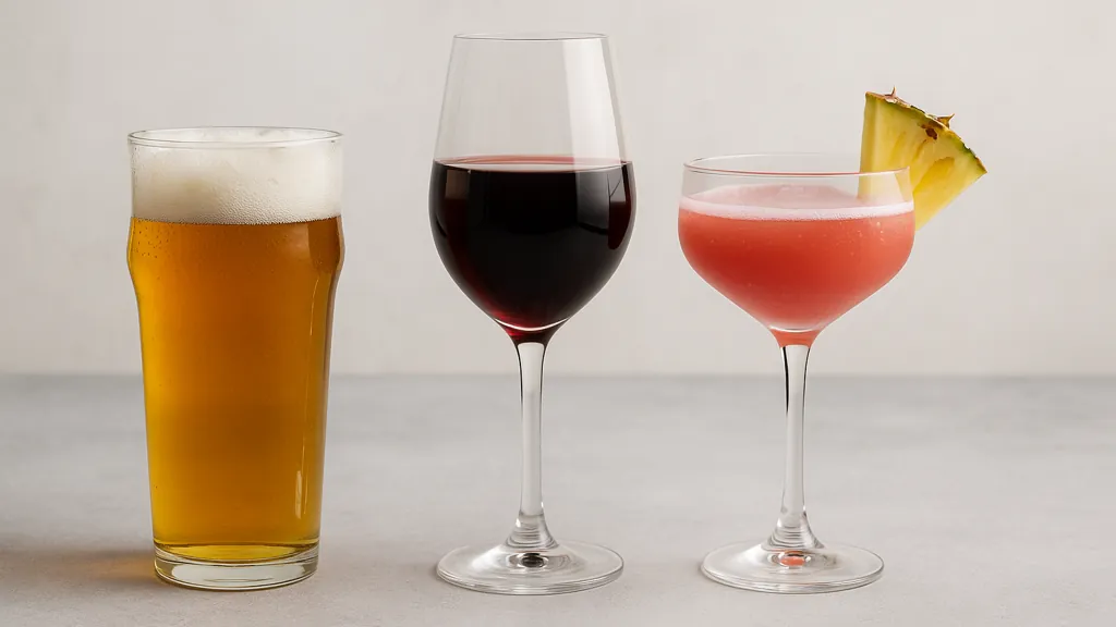 alignement de boissons alcoolisées sur fond neutre : pinte de bière, verre de vin rouge et cocktail, pour comparer les calories par verre