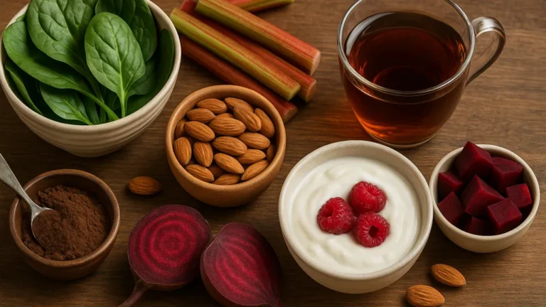 assortiment d’aliments riches en oxalate sur table en bois : épinards, rhubarbe, amandes, betterave, cacao en poudre et tasse de thé noir, lumière naturelle