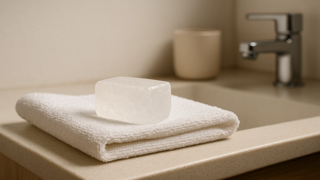 Pierre d’alun en alun de potassium posée sur une serviette blanche dans une salle de bain, utilisée comme déodorant naturel