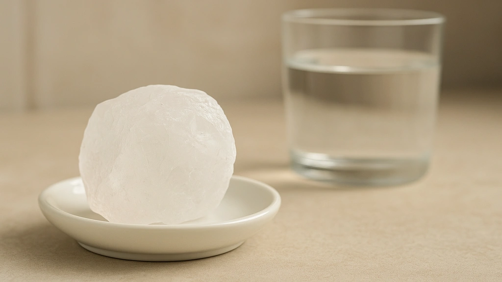 Pierre d’alun de potassium utilisée comme déodorant naturel posée dans une salle de bain, gros plan sur le cristal minéral