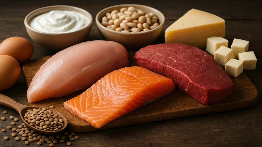 Assortiment de sources de protéines animales et végétales (poulet, saumon, bœuf, œufs, lentilles, yaourt) illustrant les apports journaliers recommandés en protéines