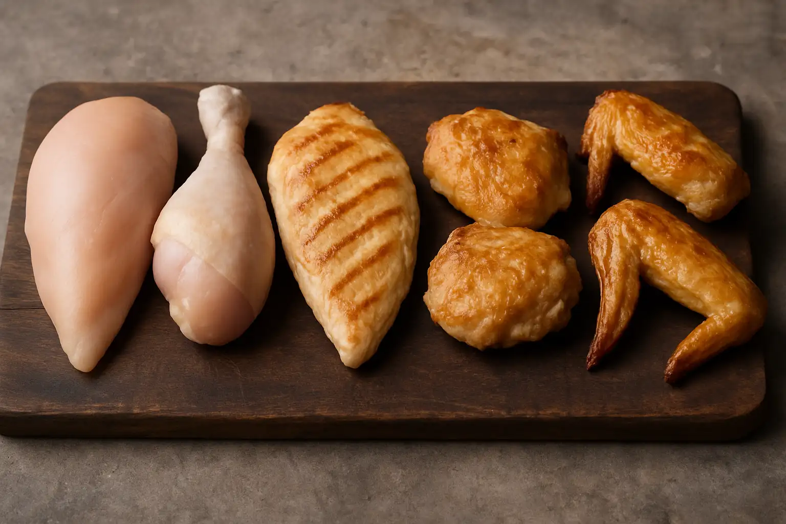 Différents morceaux de poulet crus et cuits sur une planche en bois pour illustrer la teneur en protéines selon le morceau