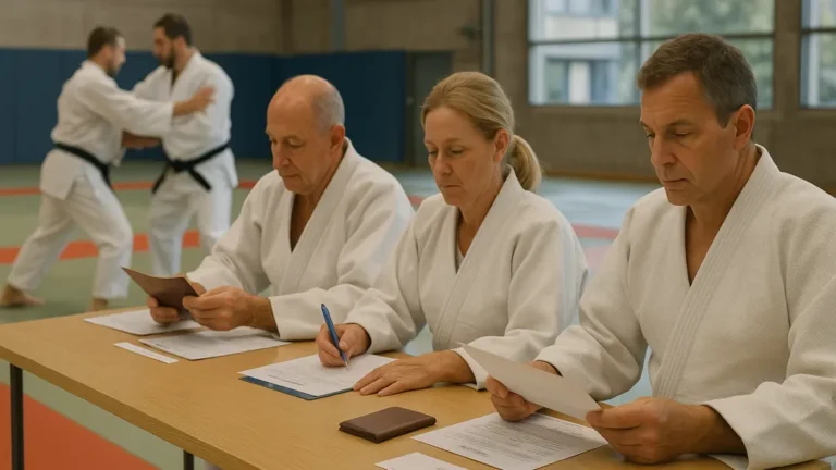jury en judogi examinant des dossiers pendant une session d’examen, avec deux judokas exécutant un kata en arrière-plan dans un dojo lumineux