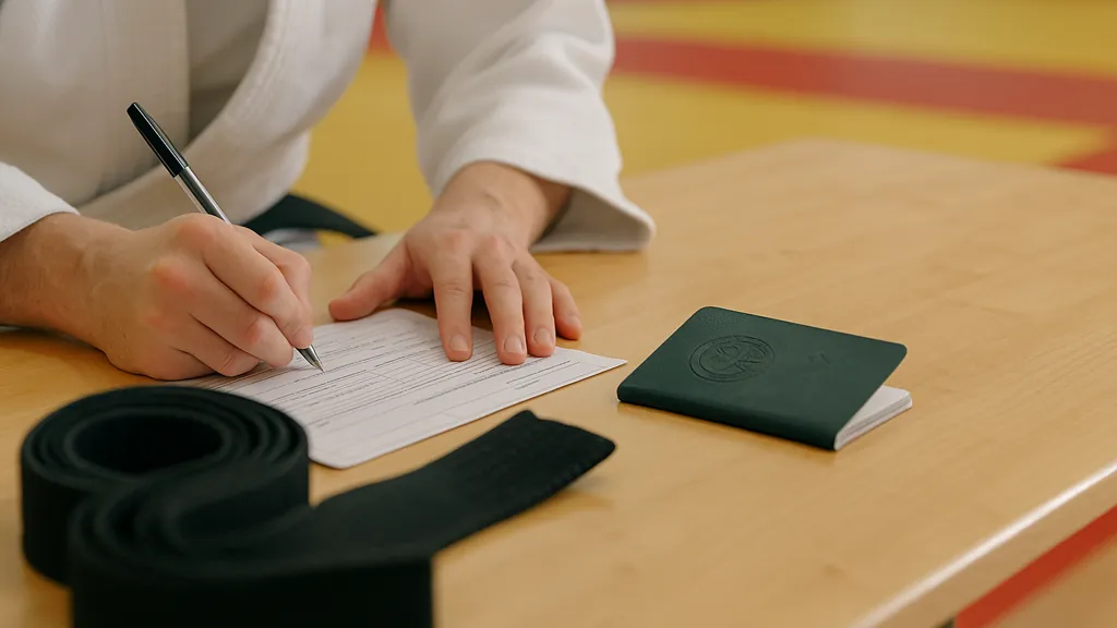 gros plan sur la constitution du dossier : main qui remplit un formulaire sur table, ceinture noire enroulée et passeport judo posé à côté, tatami en fond