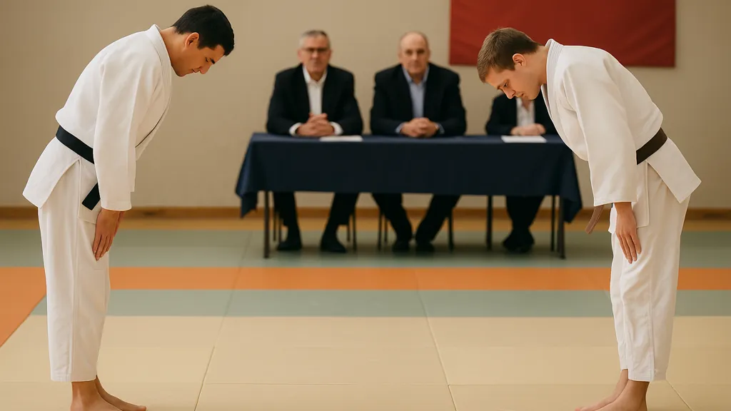 deux judokas s’inclinent face au jury assis derrière une table, début d’épreuve officielle dans un dojo