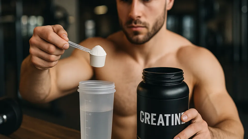 Sportif préparant un shaker de créatine dans une salle de sport, illustrant la prise de créatine avant ou après l’entraînement