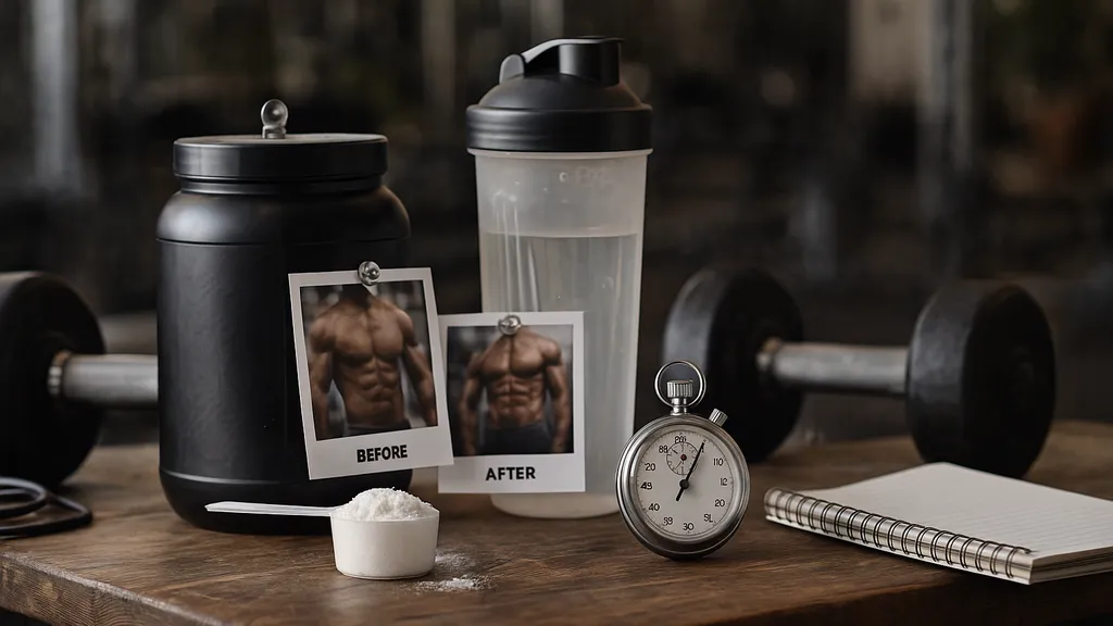 Pot de créatine, shaker, scoop de poudre et photos avant/après posés sur un banc de musculation dans une salle de sport