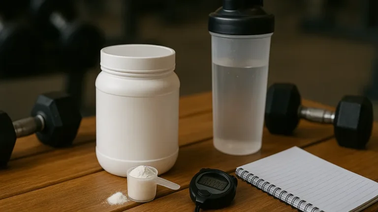 Pot de créatine, shaker d’eau, scoop de poudre et haltère posés sur un banc en bois dans une salle de sport, illustrant l’utilisation de la créatine avant et après l’entraînement