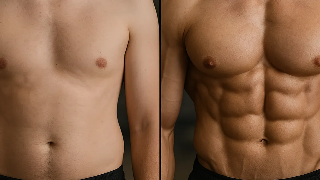 Comparaison avant après réaliste montrant l’évolution du torse d’un pratiquant, de gabarit normal à musculature définie après plusieurs mois de créatine et d’entraînement 