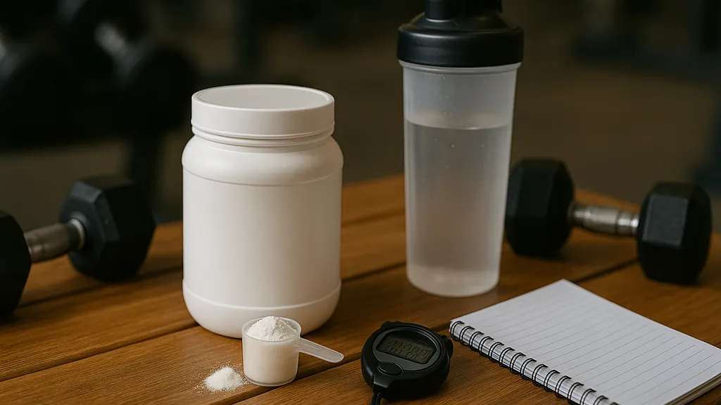 Pot de créatine, shaker d’eau, scoop de poudre et haltère posés sur un banc en bois dans une salle de sport, illustrant l’utilisation de la créatine avant et après l’entraînement