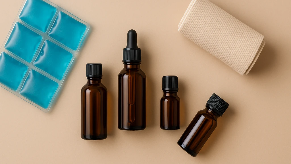 gros plan minimaliste d’un flacon ambré compte-gouttes au-dessus d’une huile porteuse pour massage local en cas de tendinopathie