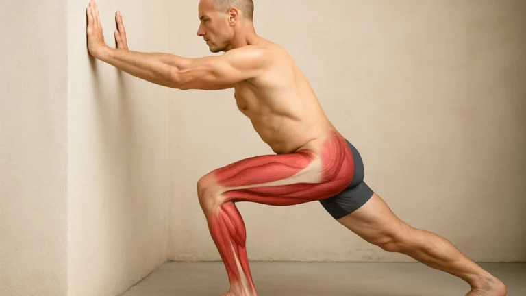 Femme en tenue de sport étirant son mollet contre un mur pour assouplir la cheville et soulager les tensions musculaires