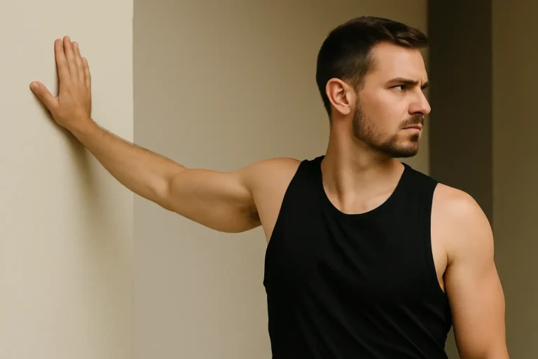 Homme réalisant un étirement des pectoraux contre un mur pour ouvrir la cage thoracique et améliorer la posture