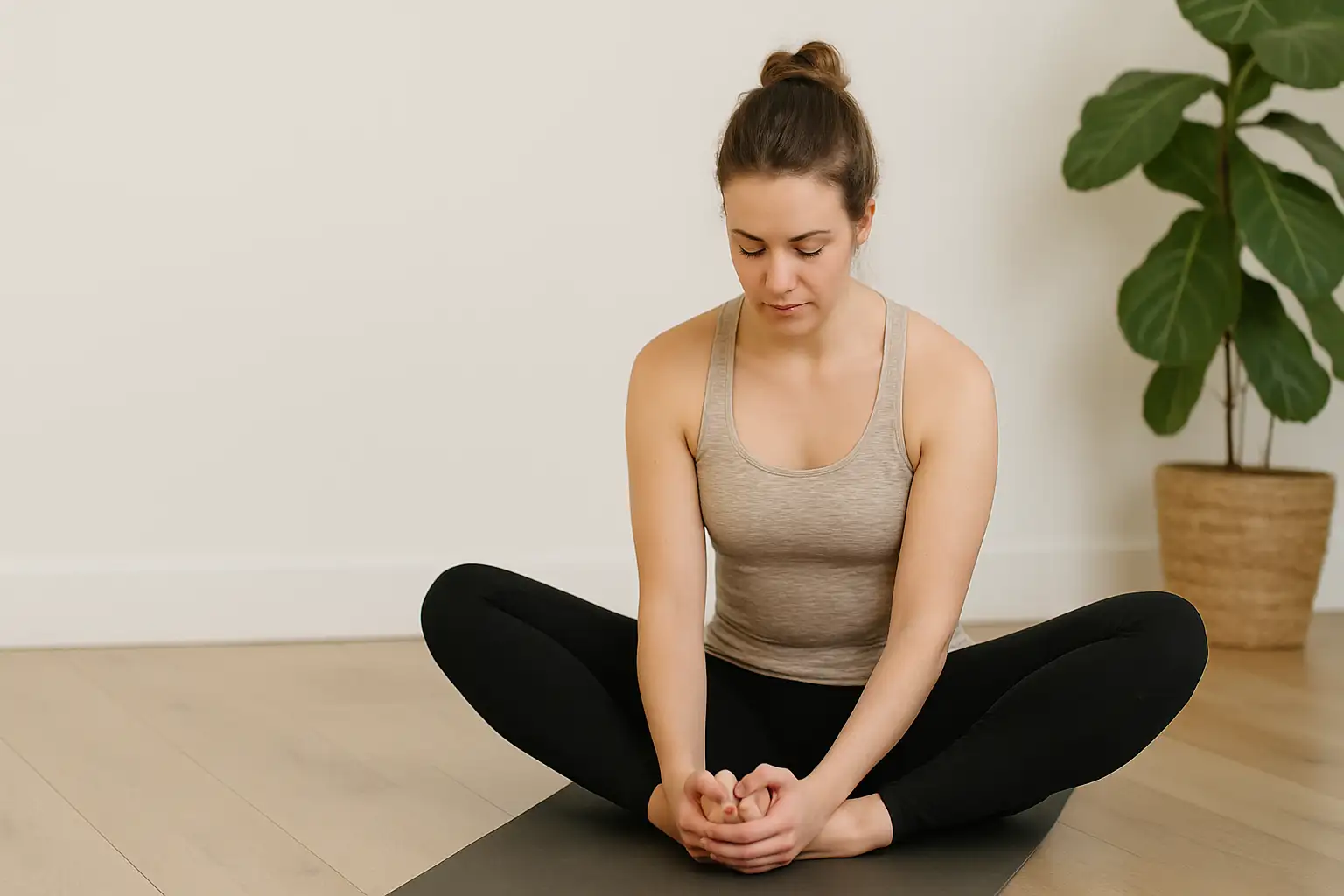 Femme assise en position papillon réalisant un étirement des adducteurs sur un tapis de yoga dans une pièce lumineuse