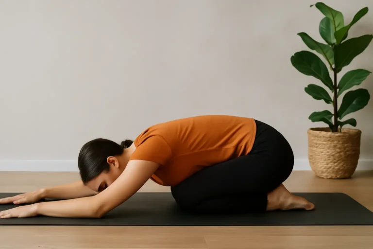 Femme en posture de l’enfant sur un tapis de yoga, illustrant un étirement doux pour soulager le bas du dos