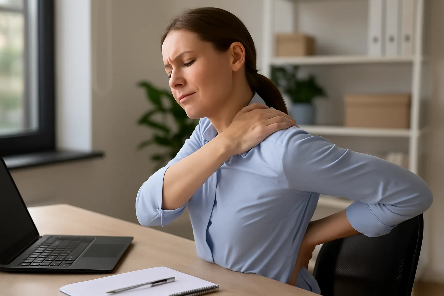 Femme en chemise de bureau assise devant un ordinateur, main sur le haut du dos et l’épaule, illustrant les douleurs entre les omoplates liées au télétravail et le besoin d’étirements du haut du dos