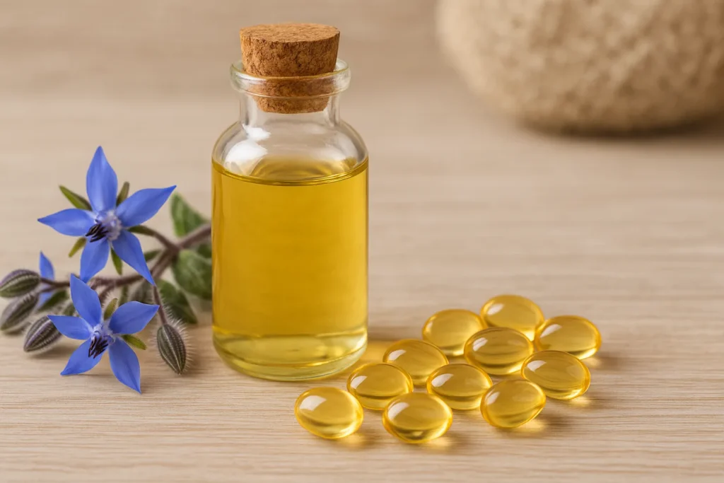 Bouteille d’huile de bourrache avec fleurs bleues et capsules riches en GLA sur une table en bois
