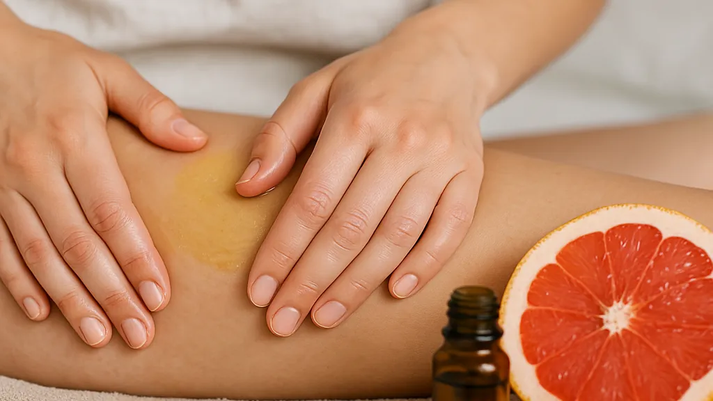 Massage des cuisses avec huile essentielle et demi-pamplemousse pour accompagner une démarche minceur naturelle et ciblée sur la cellulite 
