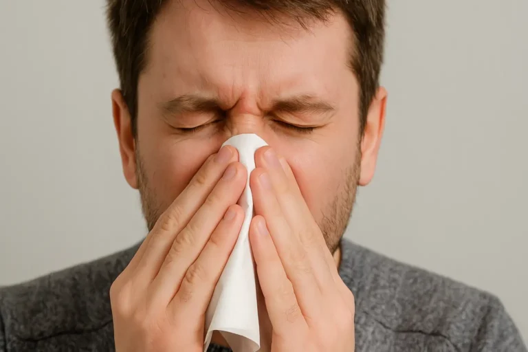 Homme enrhumé se mouchant avec un mouchoir, illustrant un nez bouché soulagé par les huiles essentielles décongestionnantes