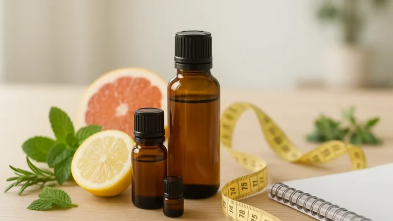 Flacons d’huiles essentielles avec agrumes, mètre de couture et plantes vertes sur une table en bois, illustrant une démarche minceur naturelle et encadrée