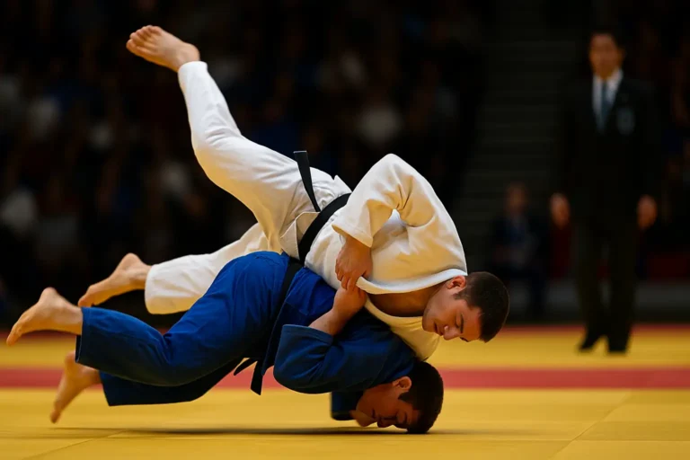 deux judokas en plein combat sur un tatami, l’un en judogi blanc projetant son adversaire en bleu, représentant la puissance et la maîtrise du judo