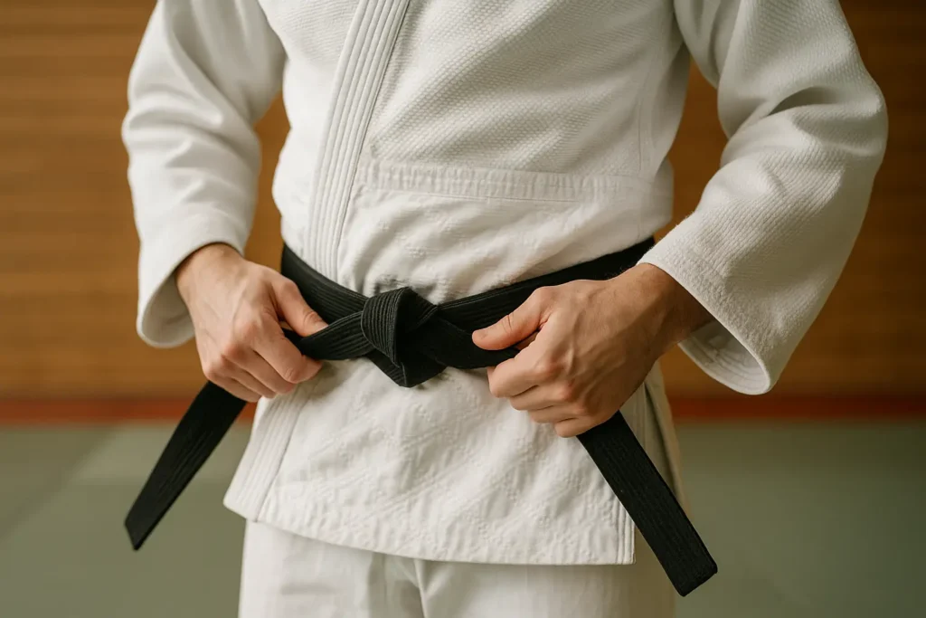 gros plan d’un judoka qui serre le nœud de sa ceinture noire dans un dojo, judogi blanc net et arrière-plan en bois flou