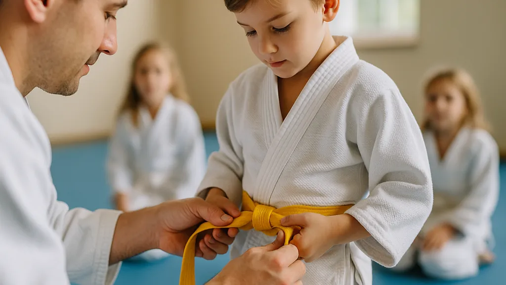 gros plan d’un enfant qui noue sa ceinture jaune avec l’aide du professeur, profondeur de champ douce dans un dojo