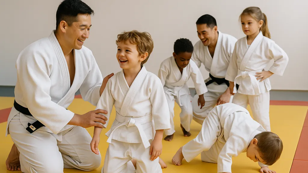 séance de judo enfant avec groupe souriant, exercices ludiques sur tatami, encadrement par deux professeurs en judogi blanc