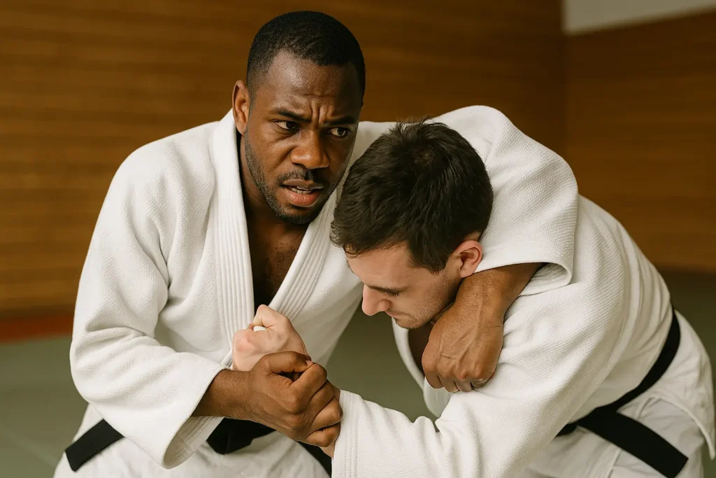 deux judokas en judogi blanc travaillant le kumi-kata dans un dojo, expressions concentrées et profondeur de champ douce