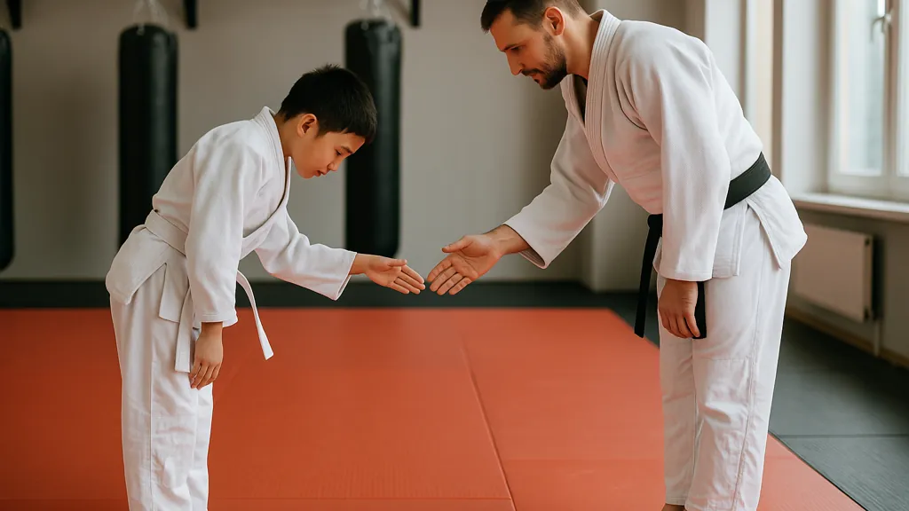 enfant et professeur en judogi se saluent face à face sur tatami rouge, illustrant politesse et respect