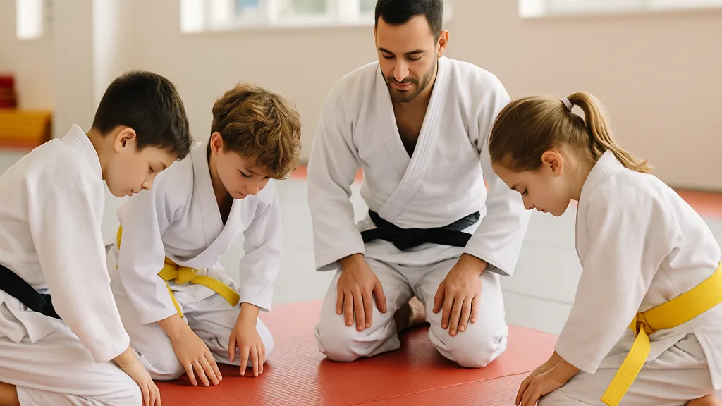 salut collectif au dojo : trois enfants en judogi s’inclinent avec leur professeur ceinture noire, symbolisant respect et politesse