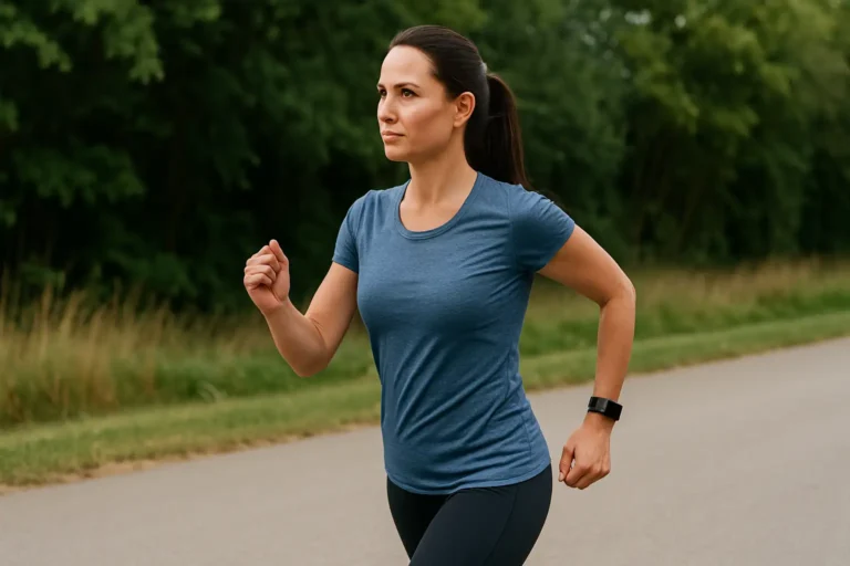 Femme en tenue de sport pratiquant la marche rapide sur une route bordée d’arbres, illustrant une allure soutenue pour améliorer sa santé cardiovasculaire