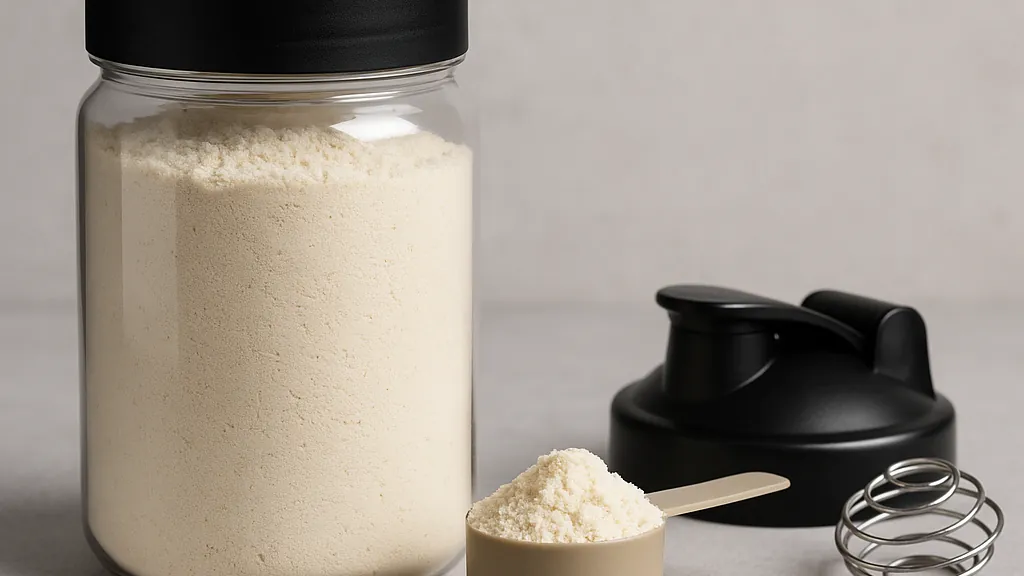 Bocal transparent rempli de whey isolate, doseur de poudre et couvercle de shaker avec bille métallique posés sur une surface claire, illustrant une protéine de lactosérum pure et facile à mélanger