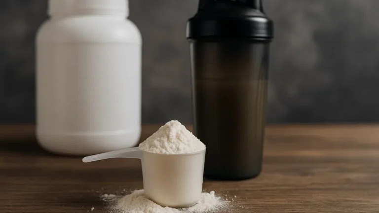 Scoop de whey isolate en poudre devant un shaker noir et un pot blanc sur une table en bois, illustrant le choix d’une meilleure whey isolate pour la musculation