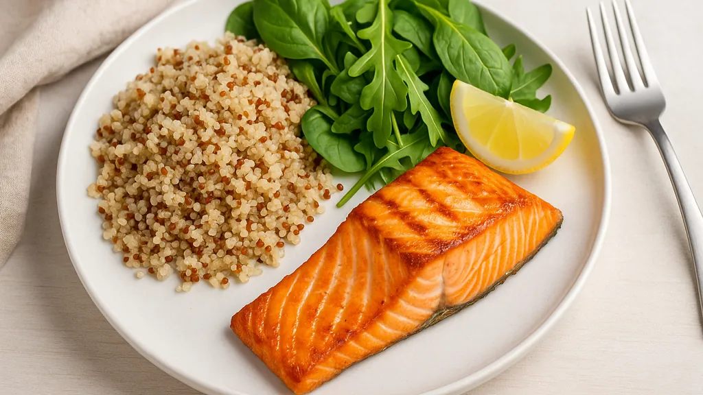 assiette équilibrée riche en protéines : pavé de saumon grillé, quinoa et salade verte sur table claire, lumière naturelle