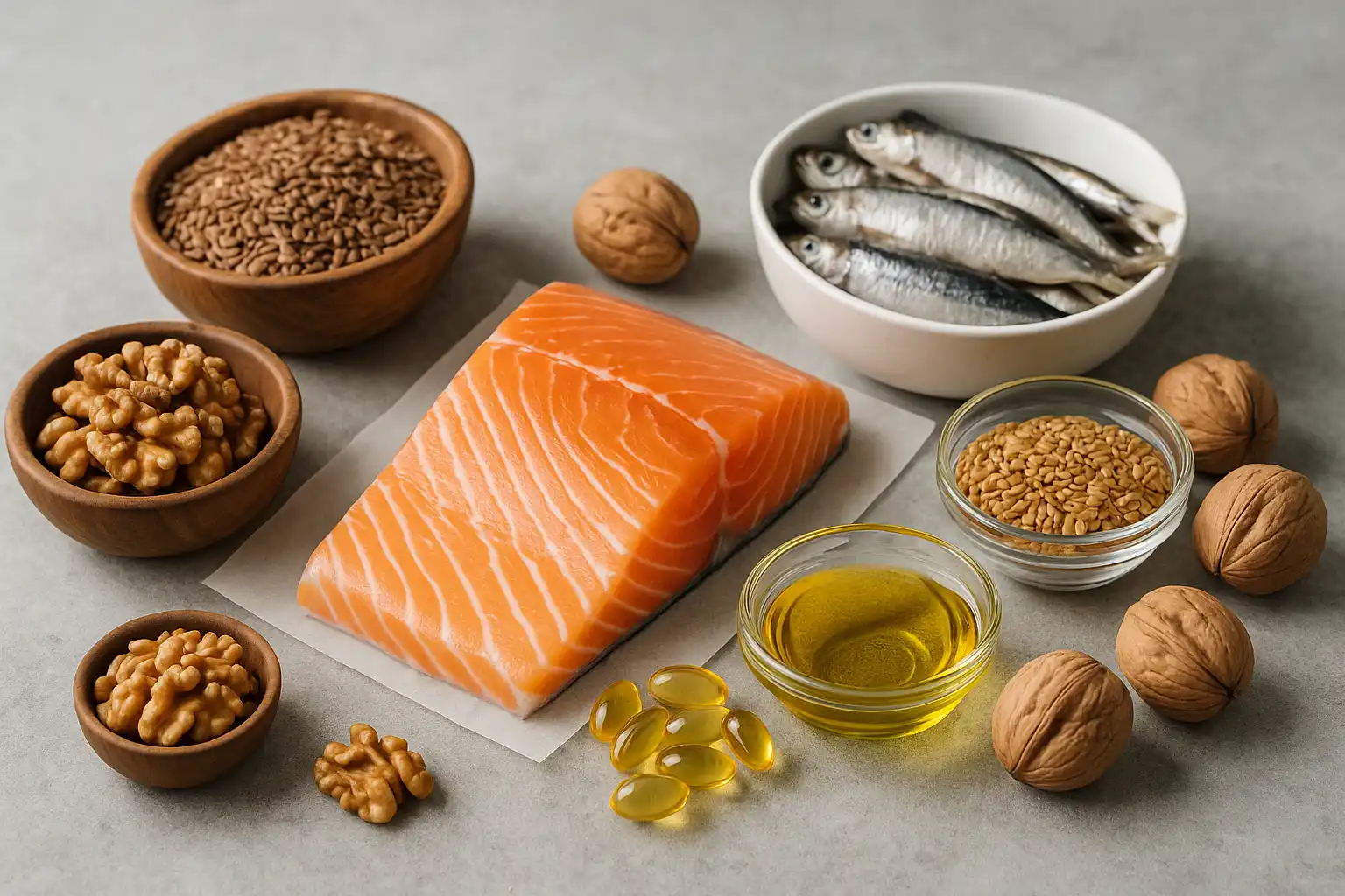 Sélection d’aliments riches en oméga 3 comprenant saumon, sardines, noix, graines de lin, huile végétale et capsules, disposés sur une surface gris clair
