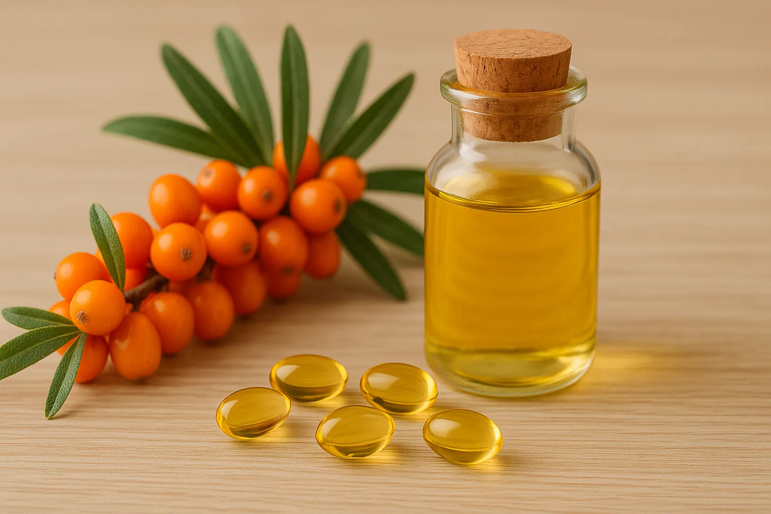 Capsules d’oméga 7 et flacon d’huile d’argousier posés sur une table en bois, illustrant les bienfaits de l’oméga 7 pour la peau, les muqueuses et le métabolisme