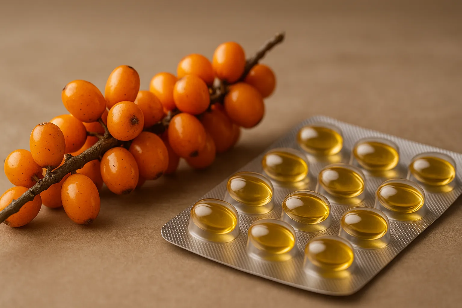 Baies d’argousier riches en oméga 7 avec feuilles vertes, source naturelle d’acide palmitoléique