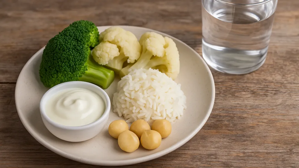 assiette d’alternatives pauvres en oxalate : brocoli, chou-fleur, riz blanc, macadamias, avec verre d’eau à côté