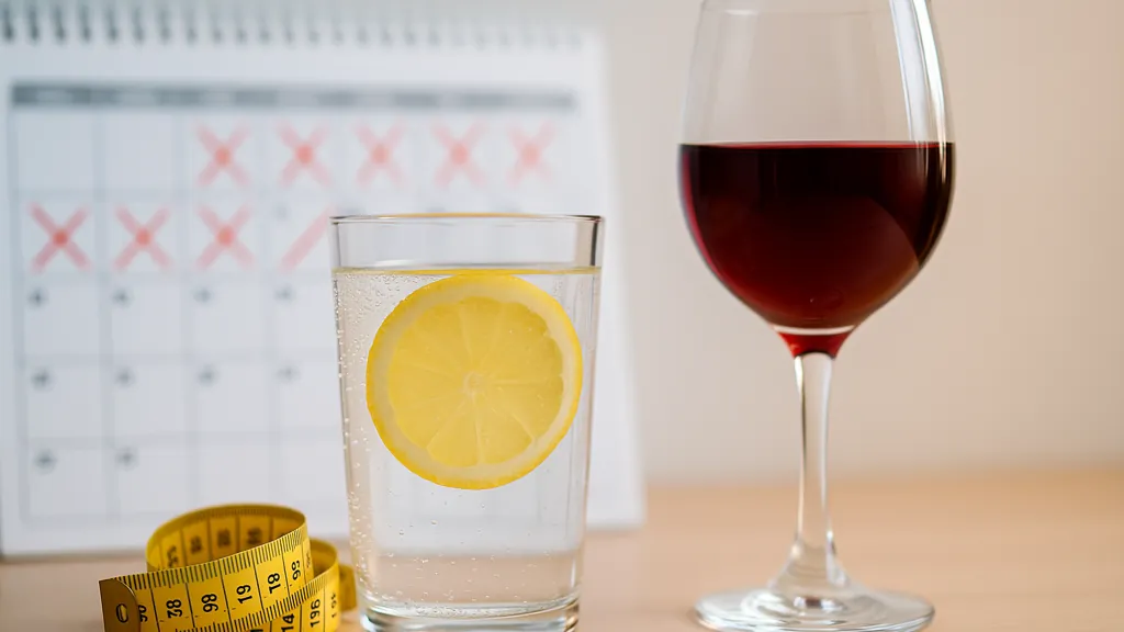 verre d’eau pétillante au citron posé devant un calendrier flou, à côté d’un verre de vin rouge et d’un mètre ruban — symbolisant 14 jours sans alcool et perte de calories