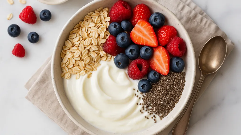 bol de yaourt grec garni de flocons d’avoine, fruits rouges et graines de chia, cuillère à côté sur nappe en lin