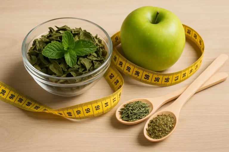 Plantes médicinales naturelles posées sur une table en bois avec herbes séchées et pomme verte, illustrant la phytothérapie pour accompagner la perte de poids
