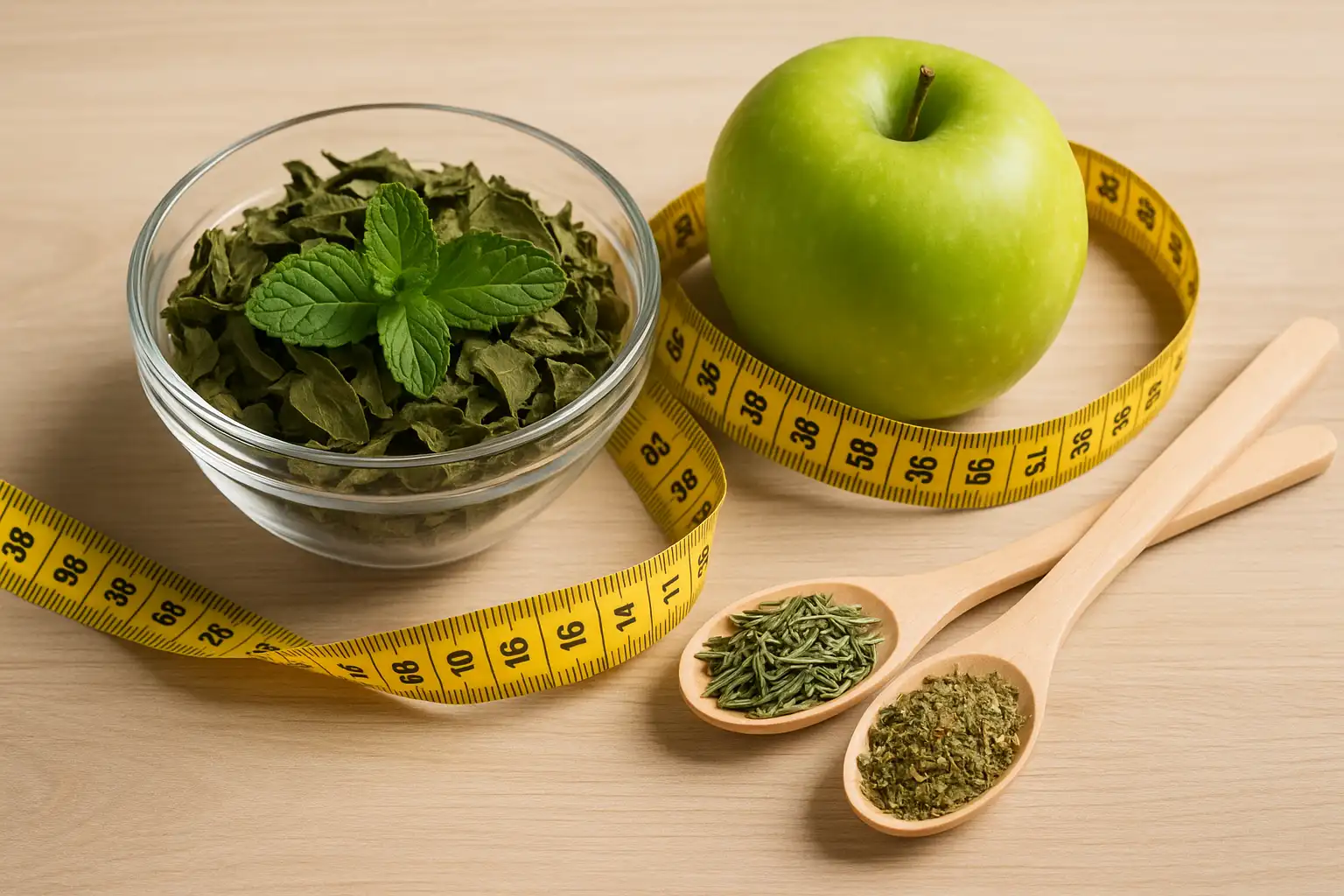 Plantes médicinales naturelles posées sur une table en bois avec herbes séchées et pomme verte, illustrant la phytothérapie pour accompagner la perte de poids