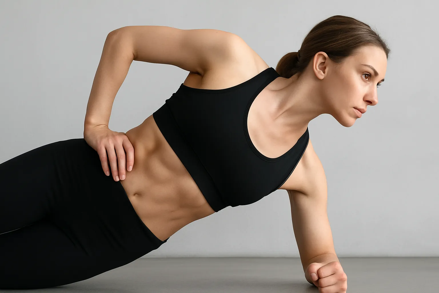 Femme en tenue de sport réalisant une planche latérale sur l’avant-bras, obliques gainés et corps aligné, illustrant un exercice de gainage latéral pour renforcer la ceinture abdominale