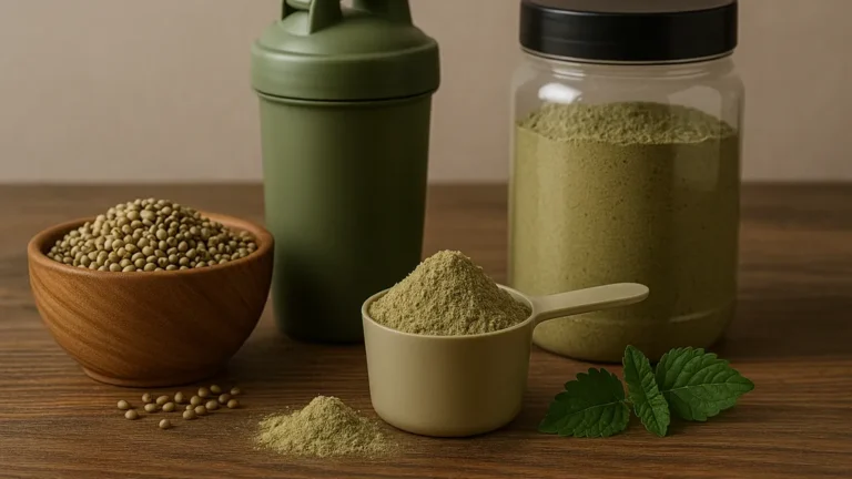 Scoop de poudre de protéine de chanvre, bol de graines de chanvre et shaker vert posés sur une table en bois, illustrant une source de protéine végétale complète et durable