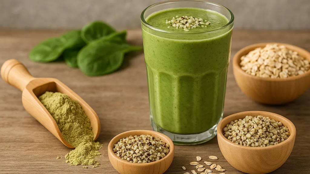 Smoothie vert à la protéine de chanvre dans un verre, entouré de poudre de chanvre, de graines et de flocons d’avoine sur une table en bois, illustrant une utilisation saine et végétale de la protéine de chanvre 
