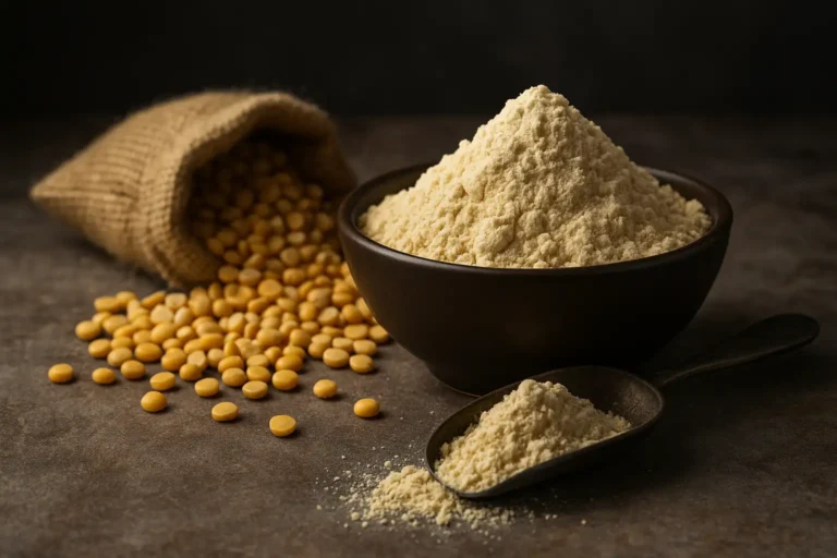 Bol de poudre de protéine de pois avec des pois jaunes secs renversés sur une table sombre, illustrant une source végétale de protéines