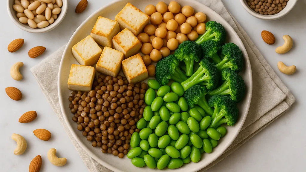grand plateau de protéines végétariennes : tofu, pois chiches, lentilles, edamame et brocoli, présenté sur linge beige