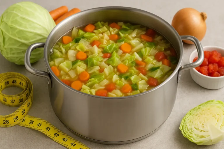 Marmite de soupe au chou avec carottes, céleri et tomates sur un plan de travail, accompagnée d’un chou frais et d’un ruban de mesure, illustrant la recette de la soupe au chou pour maigrir